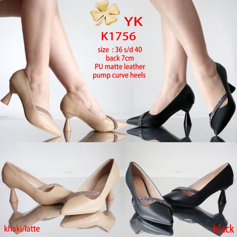 YKshoes 1756 heels 7cm pump pantofel heels hak pendek black khaki heels sepatu hak chunky hak unik h