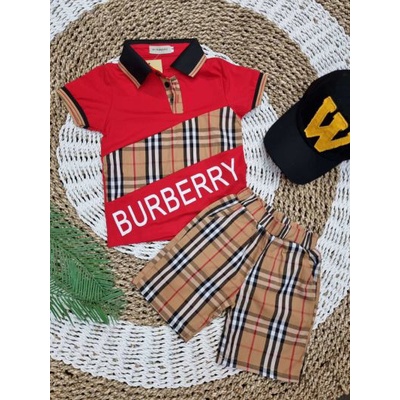 Setelan Anak Kaos Polo dan Celana Motif BURB3RRY Merah Hitam
