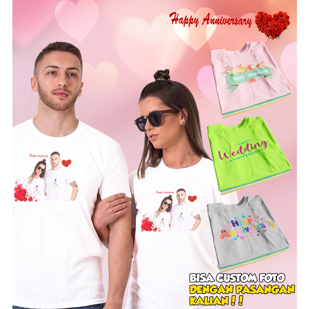 Kaos Couple Costum Happy Anniversary / Wedding Bahan Katun Cotton Combed 30s Premium