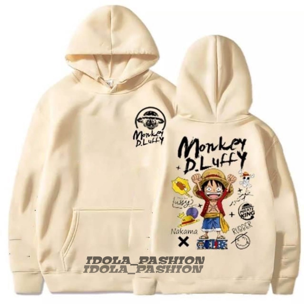 Jaket Hoodie One Piece Monkey D Luffy Cream Premium - Jaket Sweater Hoodie Anime One Piece D Luffy Kartun Kekinian Bahan Flece Tebal Gramasi 280 Size Lengkap S-M-L-XL-XXL