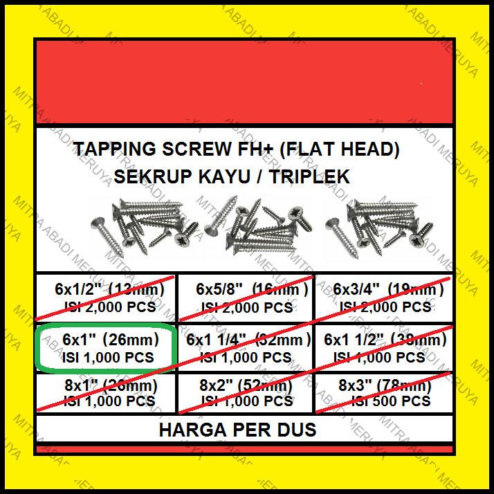 Sekrup Kayu Sekrup Tapping Screw Fh 6 X 1" (26 Mm) 1 Dus