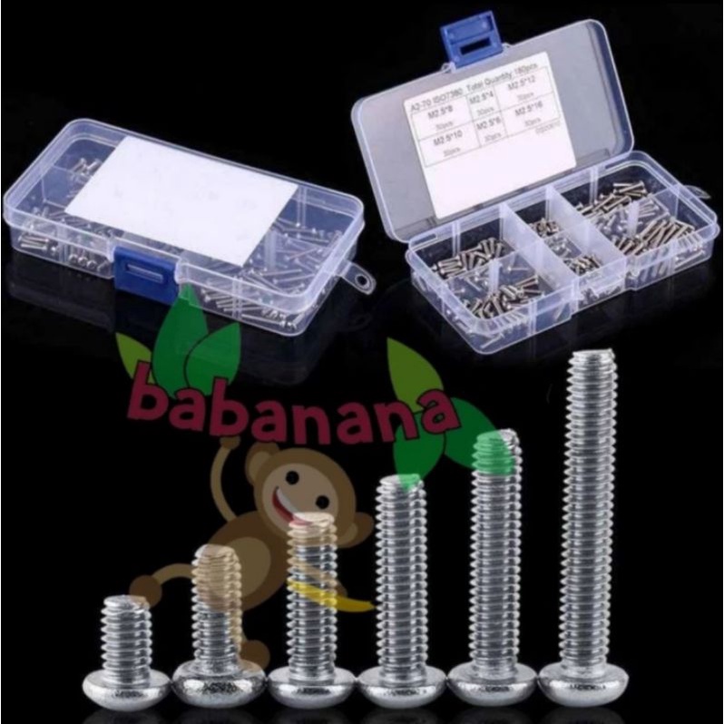 180pcs M2.5 button head screw set baut sekrup kit stainless steel 304