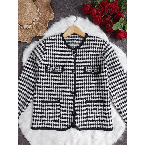 VN VICTORIA FUR CARDIGAN HOUNDSTOOTH KOREAN WINTER