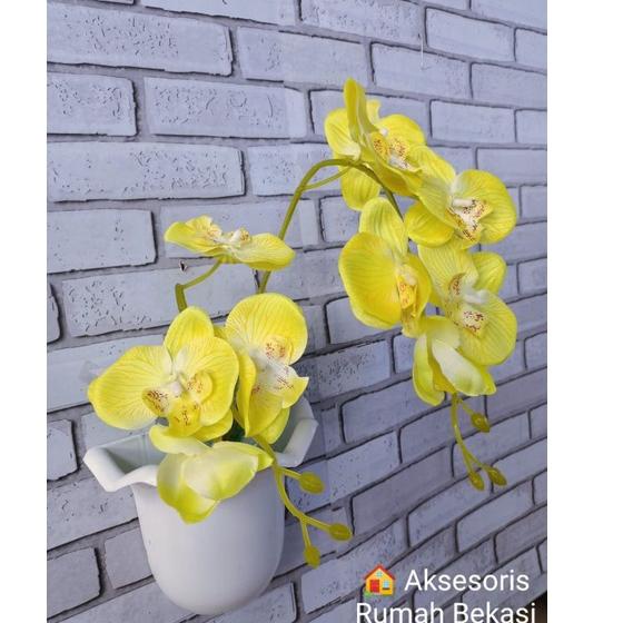 New Sale SET BUNGA PLASTIK ANGGREK 2 CABANG BESAR DENGAN POT DINDING OMBAK
