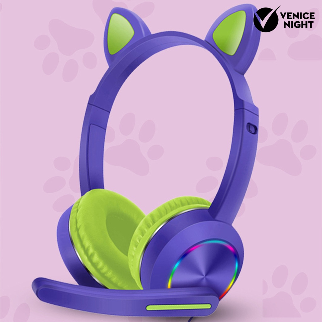 (VNEP) (Berkabel) AKZ-020 Luminous RGB Light Headphone Bentuk Telinga Kucing Lucu dengan Mikrofon