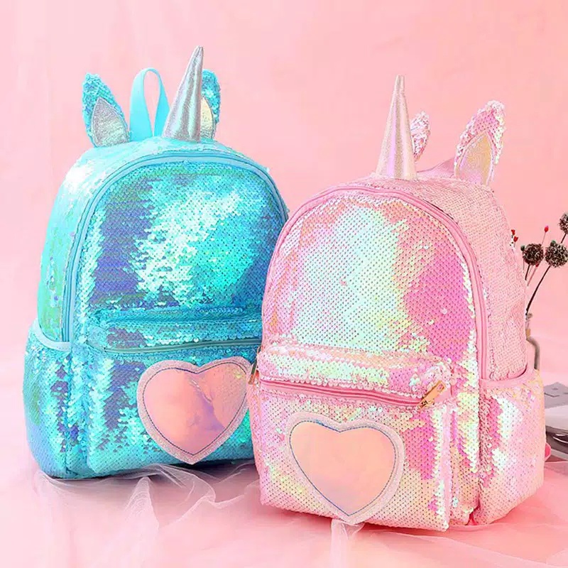 Tas Sekolah Ransel Anak SD dan TK Tas Sequin Tanduk Import Backpack Anak Perempuan