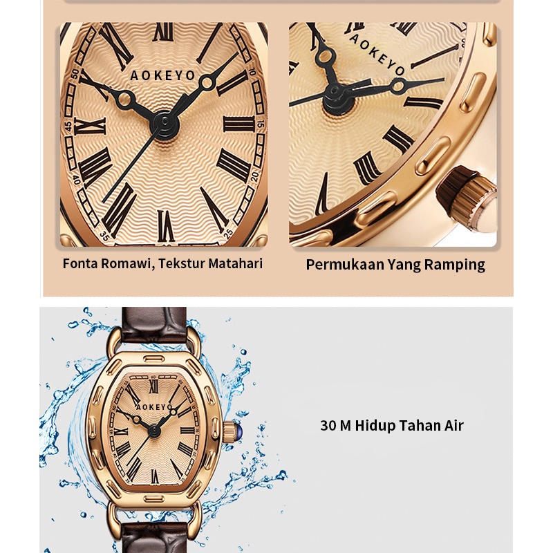 AOKEYO S053 Jam Tangan Wanita Klasik Mode Display Kuarsa  Santai Jam Tali Kulit Tahan Air  Jam Tangan Cewek (Free BOX+Kartu Garansi)-2