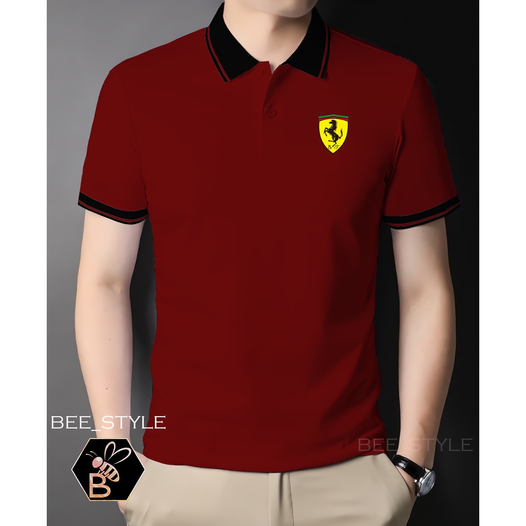 Kaos Kerah Kombi Logo Ferrari Kuning / Kaos Pria Logo Ferrari Kuning / Polo Shirt Kerah Kombi