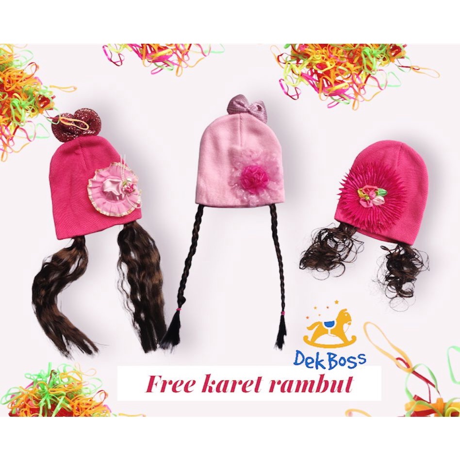 (FREE KARET JEPANG) Topi rajut anak rambut palsu kepang bahan tebal | Topi wig rambut palsu model kepang dan curly untuk anak bayi perempuan