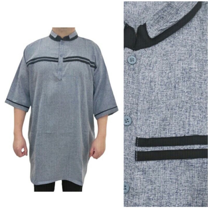 Baju kemeje koko pria kurta madinah premium lengan pendek 3/4 jumatan sholat  biru abu