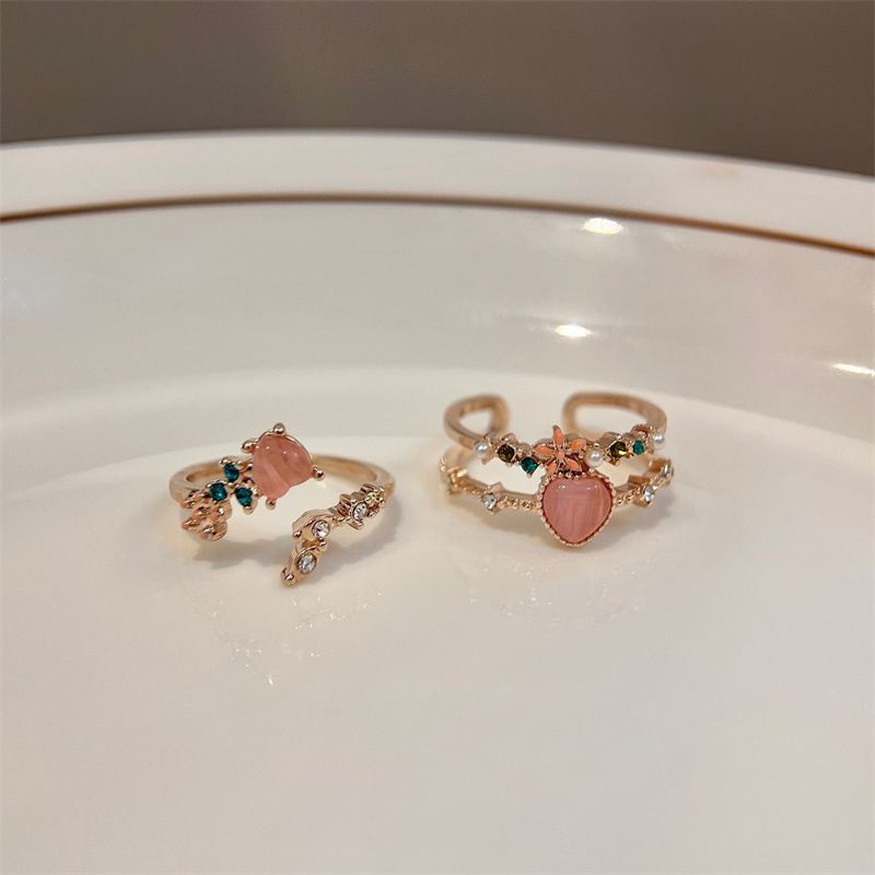 Suhao lapisan ganda cinta zirkon cincin terbuka perempuan desain manis ceruk high-end jari telunjuk cincin bersih merah cincin yang dapat disesuaikan