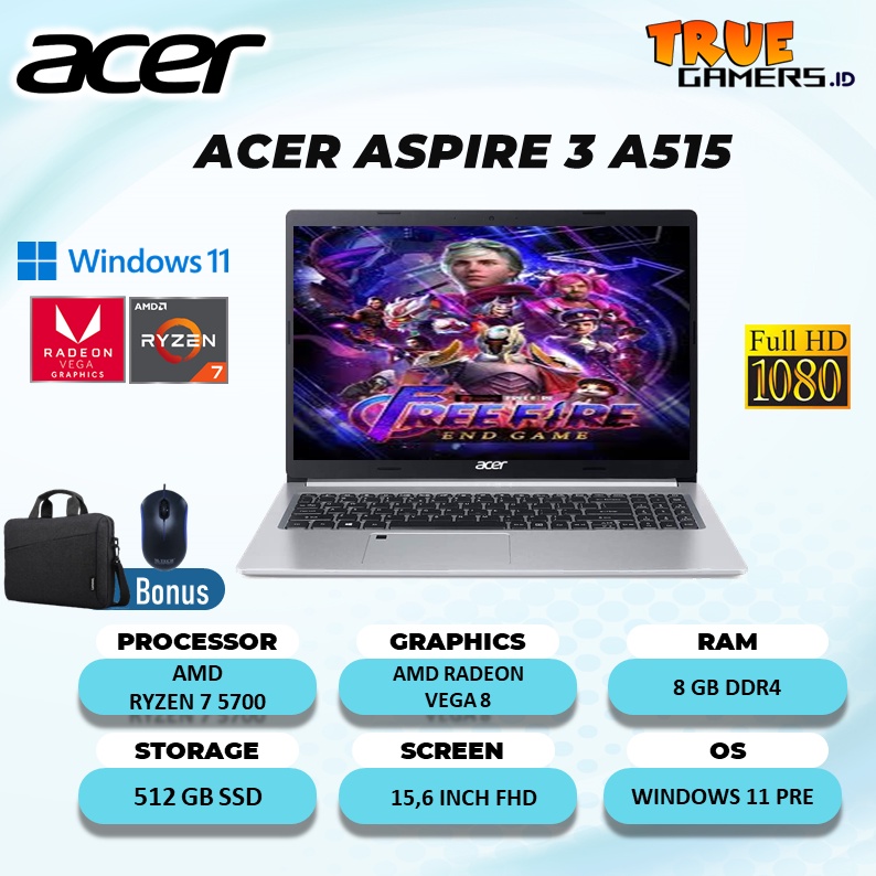 LAPTOP ACER ASPIRE 3 A515 RYZEN 7 5700 16GB 512SSD VEGA8 W11PRE 15.6FHD