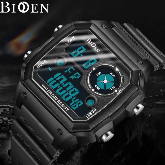 BIDEN jam tangan digital pria Square Militer Olahraga Kasual Pria