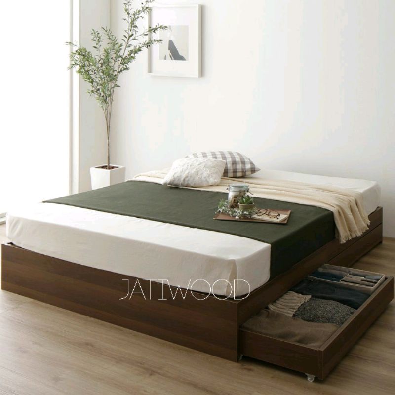 Tempat tidur minimalis 2 laci lesehan120x200, ranjang dipan lantai kayu jati