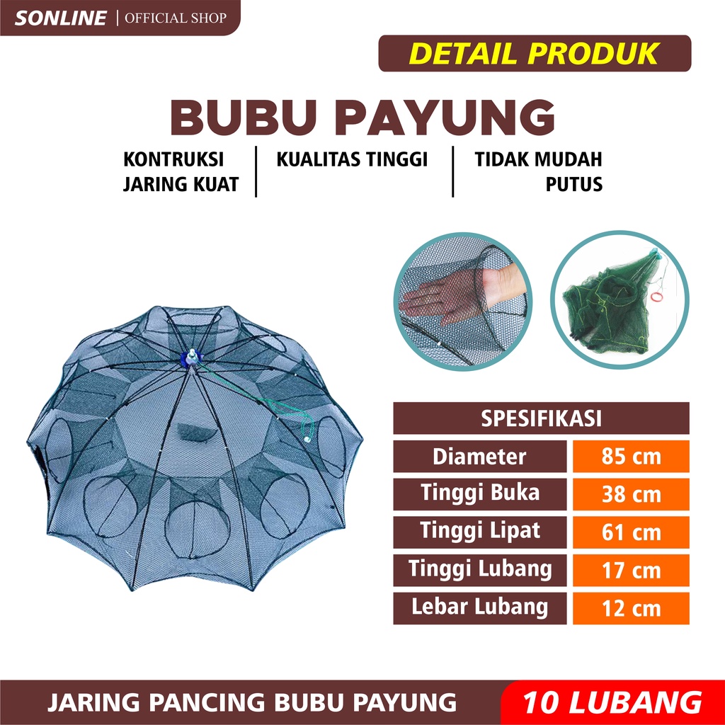 SONLINE Payung Bubu Jaring Jebakan Perangkap Udang ikan Kepiting Model Payung 10 Lubang