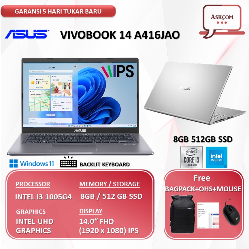 Laptop ASUS VivoBook 14 A1400EA i3 1115G4 12GB 512GB 14.0FHD VIPS W11+OHS -VIPS351