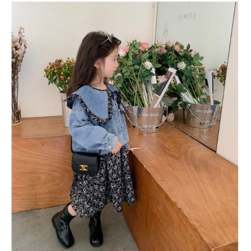 DRESSES 2in1 GIRL MODEL BLUE GAUN DENIM SIZE 100-140 FLORAL BLACK