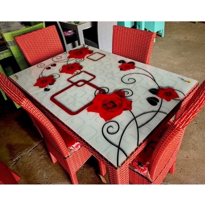 (Khusus Wilayah Kota Palembang) Meja Makan Sintetis 4Kursi dan 6Kursi +Kaca Motif, Meja Makan Rotan 
