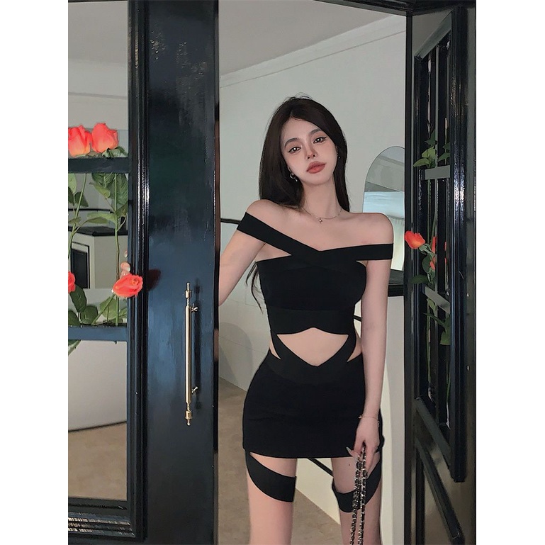 Suhao Super Desire ~ Hot Gadis Sexy Strapless Pendek Top + Kaki Panjang Paket Hip Pendek Rok Gadis Seksi Keinginan Murni Setelan Dua Potong