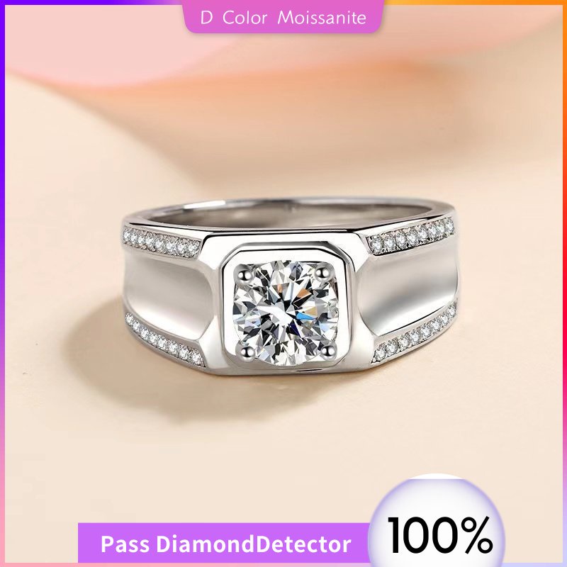 D Color Moissanite Moissanite diamond Silver Men Rings Cincin Pertunangan Pria 1 Ct Moissanite,925 P