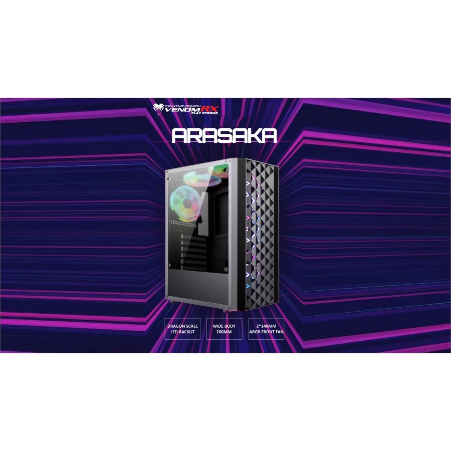 Casing Gaming VENOM RX ARASAKA Include 2 FAN Black - Garansi Resmi