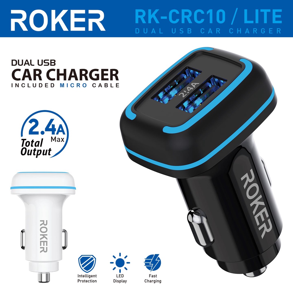 MINIGO Car Charger Roker Lite RK-CRC10 FREE MICRO CABLE Car Charger/Saver Roker Dual Usb 2,4A Rk-CRC10 Lite+Kabel Micro 2,4A