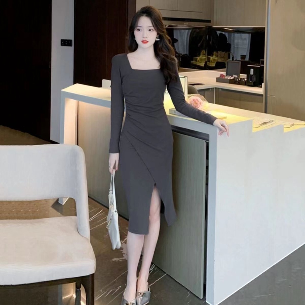 Gaun awal musim gugur 2022 baru lengan panjang kerah persegi rok panjang wanita slim slim pakaian wanita hot girl slit bag hip skirt