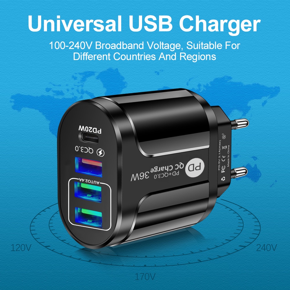 Adaptor Power Charger 36W 3 Port Usb + PD 4 Port QC3.0 + PD Portable Untuk Iphone Android