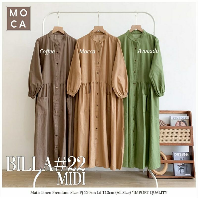 Billa Midi #22, MIDIDRESS POLOS SUPER CANTIK FIT XL LD 120 BAHAN LINEN PREMIUM KANCING AKTIF TERMURAH OOTD