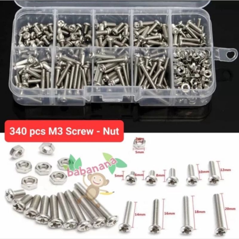 340pcs M3 plus screw button head baut sekrup stainless besi mur nut