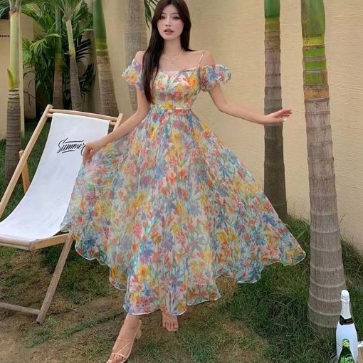 9863 Baju Dress OFF SHOULDER gaun motif bunga floral flower dres Korea Korean style wanita import ba