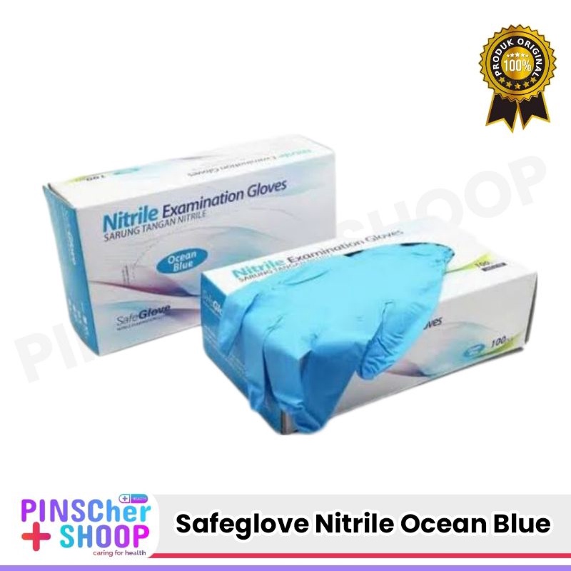 SARUNG TANGAN NITRILE OCEAN BLUE SAFEGLOVE HANDSCOON NITRILE TANPA BEDAK BOX 100 PCS XS/S/M/L