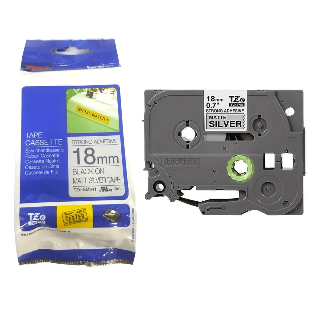 

BROTHER TZE-SM941 STRONG ADHESSIVE, BLACK ON MATTE SILVER, 18MM TZE SM941 8MTR