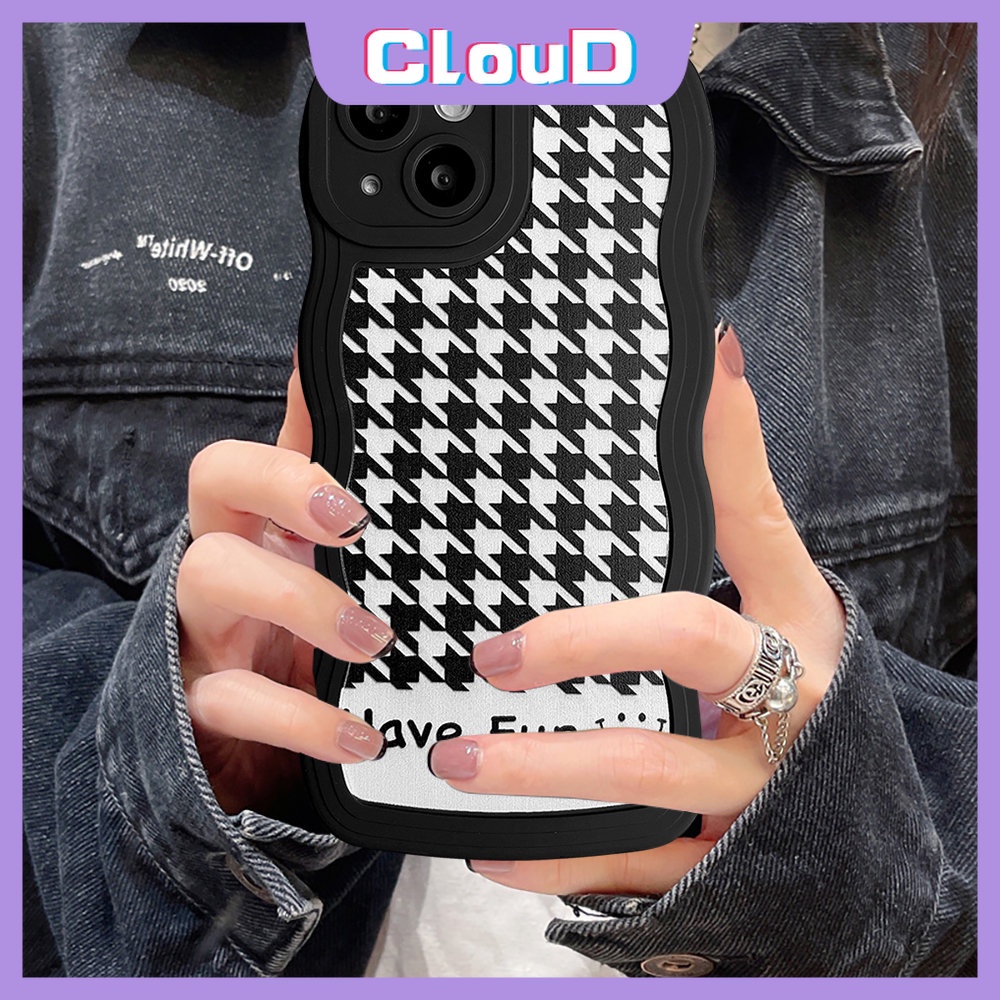 Casing Cute Smiley Soft Tpu Case Redmi Note11 11s 9pro 9s 10s 10 Note 11 10 Pro Max Plus Note8 Note9 Redmi A1 9 10 9T 10A 10C 9A 9C NFC Motif Houndstooth Wavy Edge Black Cover