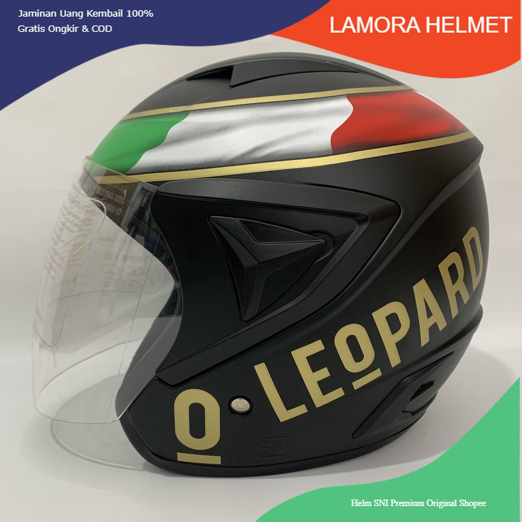 Helm JP 13 Leopard Gold Hitam Doff - Kaca Pelangi Rainbow / Iridium / Silver / Clear - Helm Pria Dew
