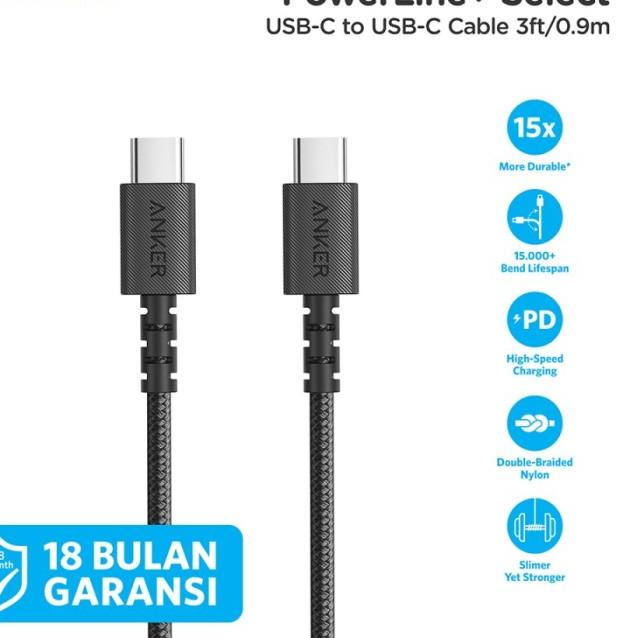 Kabel Charger Anker Powerline Select+ C to C 2.0 3ft - A8032 - Hitam