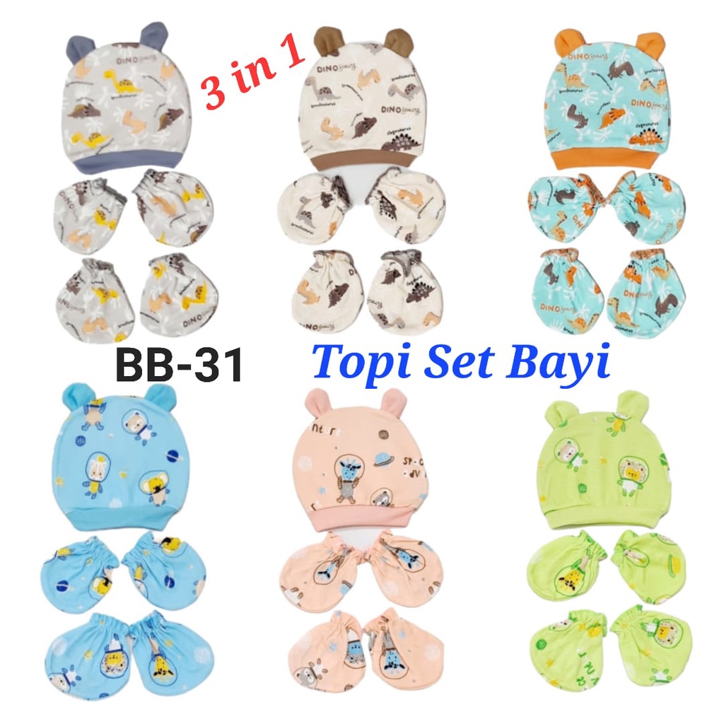 1 set topi rabbit bayi set 3in1 (topi+sarung tangan kaki) 1 set topi bayi newborn / perlengkapan bayi baru lahir laki-laki perempuan topi rajut karakter lucu BB-31