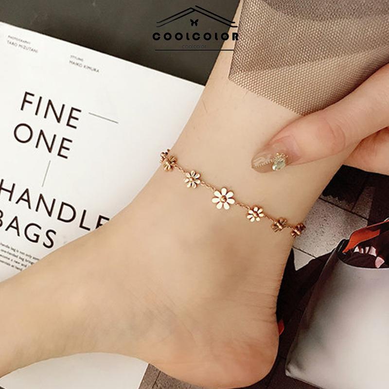 COD❤️Gelang Kaki Titanium Anti Karat Daisy Bunga Kamelia Emas 18k Perhiasan Wanita Korea Unisex 2022 terbaru fashion murah COD