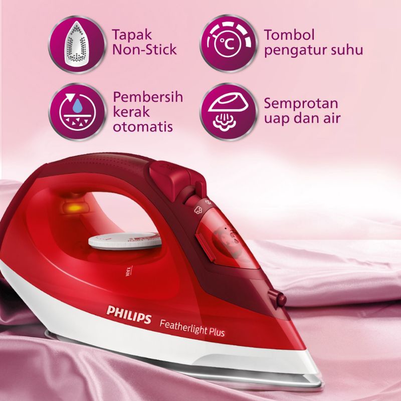 NEW PHILIPS Setrika Uap GC1424/45-Merah, semburan uap,Tapak Non-Stick, seterika, setrikaan-2