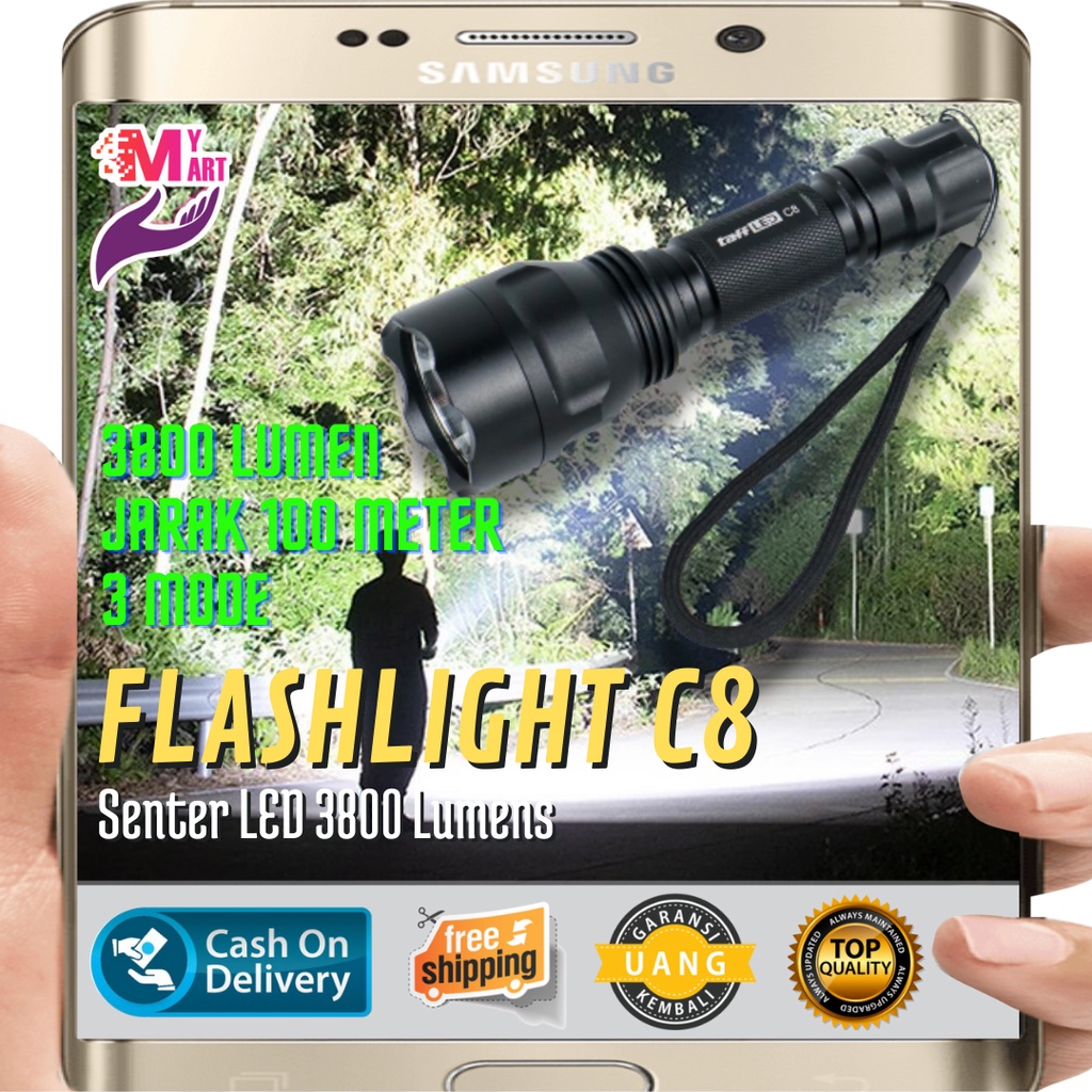 TaffLED Senter LED C8 3800 Lumens - Senter LED C8 Flashlight Waterproof Cree Q5 3800 Lumens