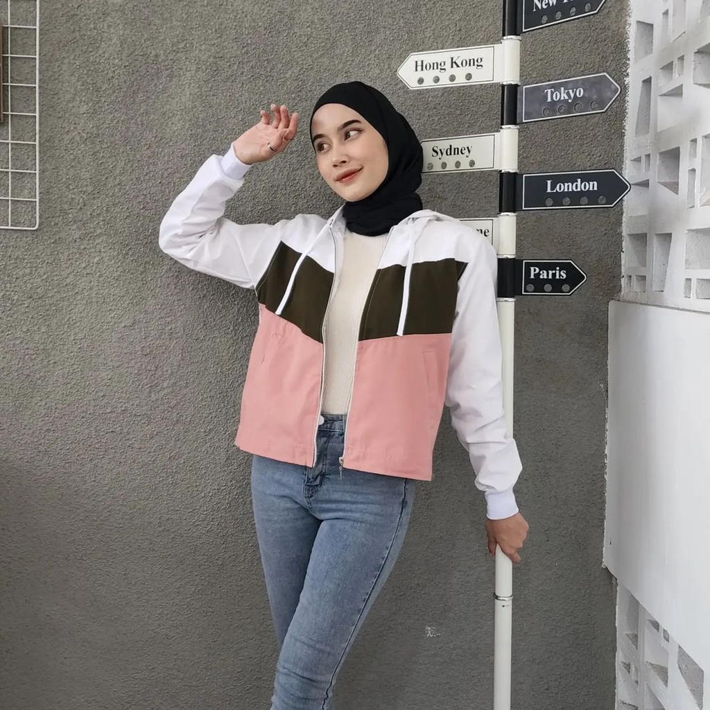 YUKI JACKET 3 Tone Sweater Atasan Wanita Gaya Kasual Korean Style Fashion Terhits Bahan Baby Kanvas