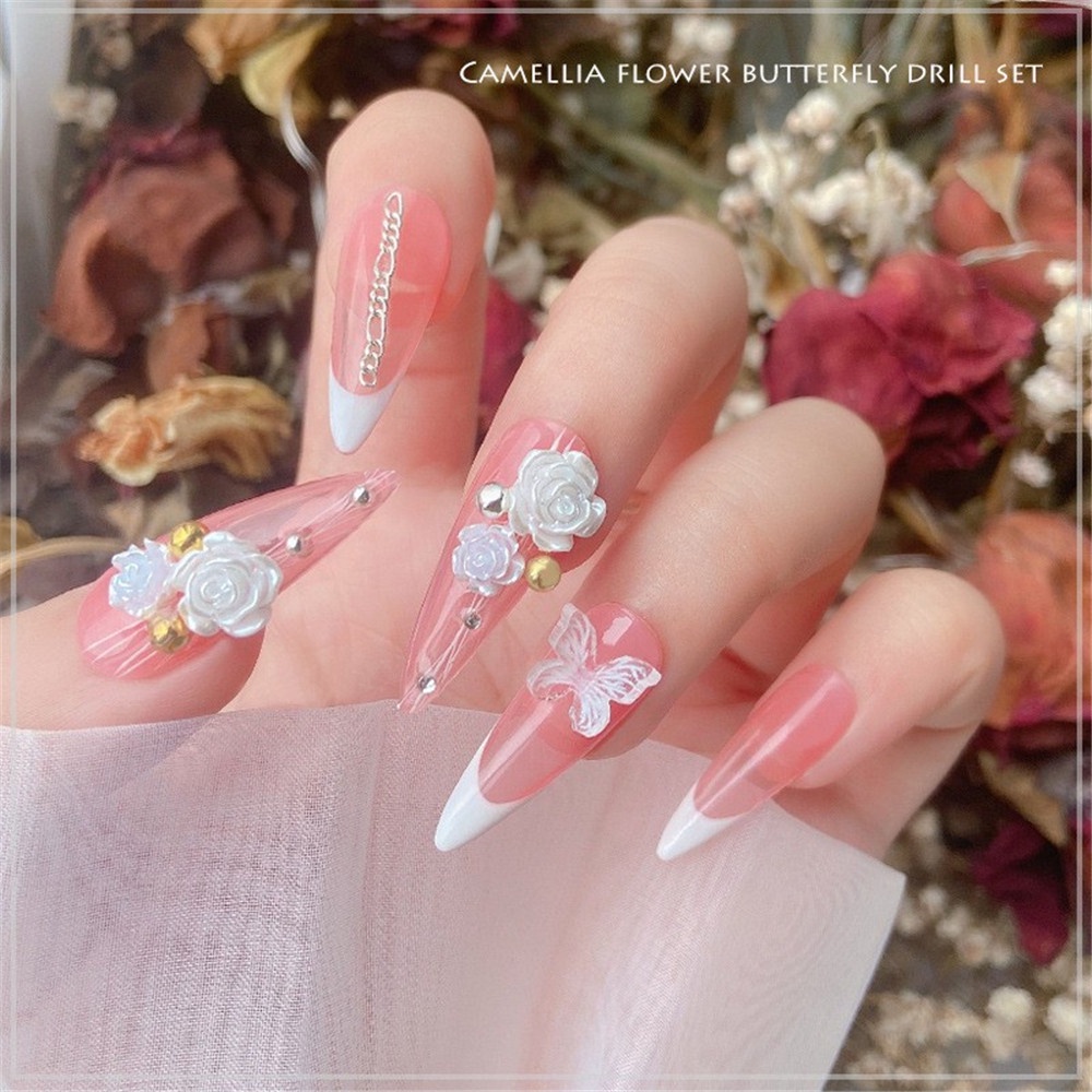 1 Kotak Bunga Camellia / Kupu-Kupu / Mutiara / Manik-Manik Untuk Aksesoris manicure / nail Art DIY