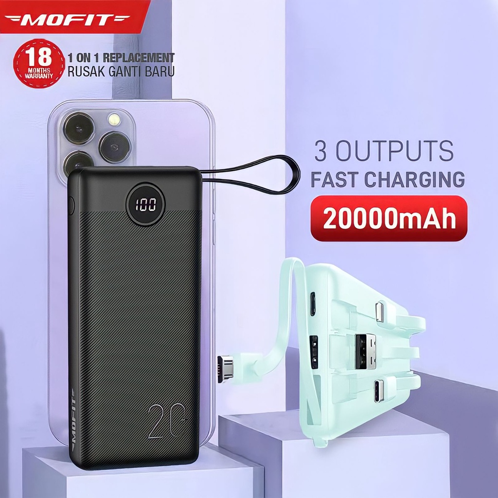 MOFIT M26 M29 Powerbank 20000mAh Build in Cable + Fast Charge 2.4A Real Capacity LED Indikator Black