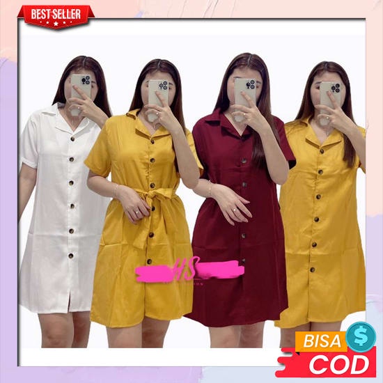 Baju Kemeja Wanita Panjang Casual Lengan Pendek Atasan Tunik Dress Cewek Salur Korea Lengan Pendek O