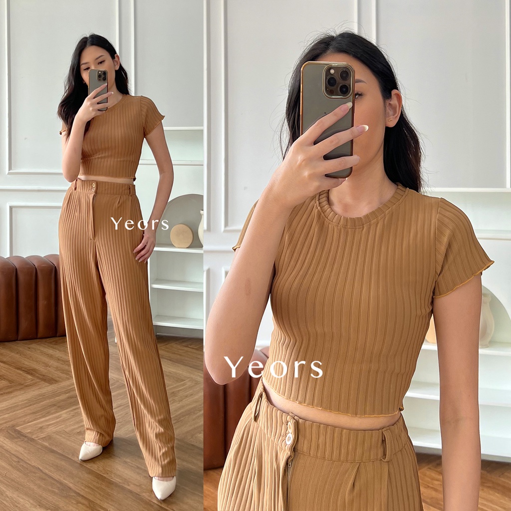 Yeors - Rib Knit Luna Set Crop Top and Premium Rib Knit Pants  - Baju Atasan dan Celana Wanita Murah Berkualitas - Korean Loose Pants Trousers - Loungewear - Setelan Baju Wanita - Women Top Knitwear - Knit Set