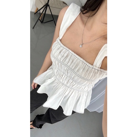 Selim Label Jia Top Korean Ruffle Top Contrast Stitch Square Tank Top