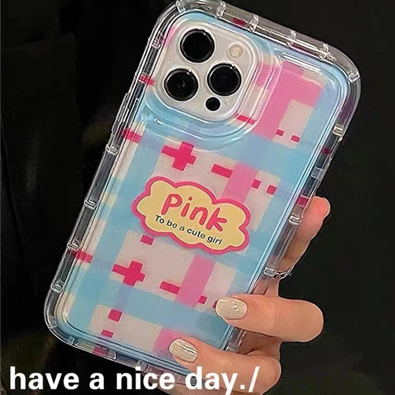 Soft Case TPU Silikon Transparan Motif Kotak-Kotak Pink Untuk IPhone 14 13 12 11 Pro XR X XS Max 8 7 6S Plus