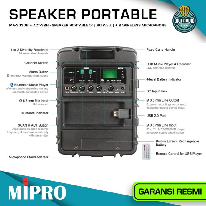 Speaker Portable Bluetooth + 2 Mic Wireless Microphone Mipro Ma303Db #Original