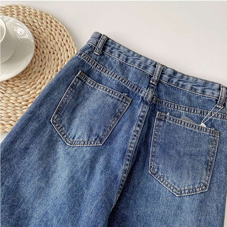 Biru laut Fashion Highwaist Loose Lebarkaki Celana Jeans Panjang Wanita （Realpict）