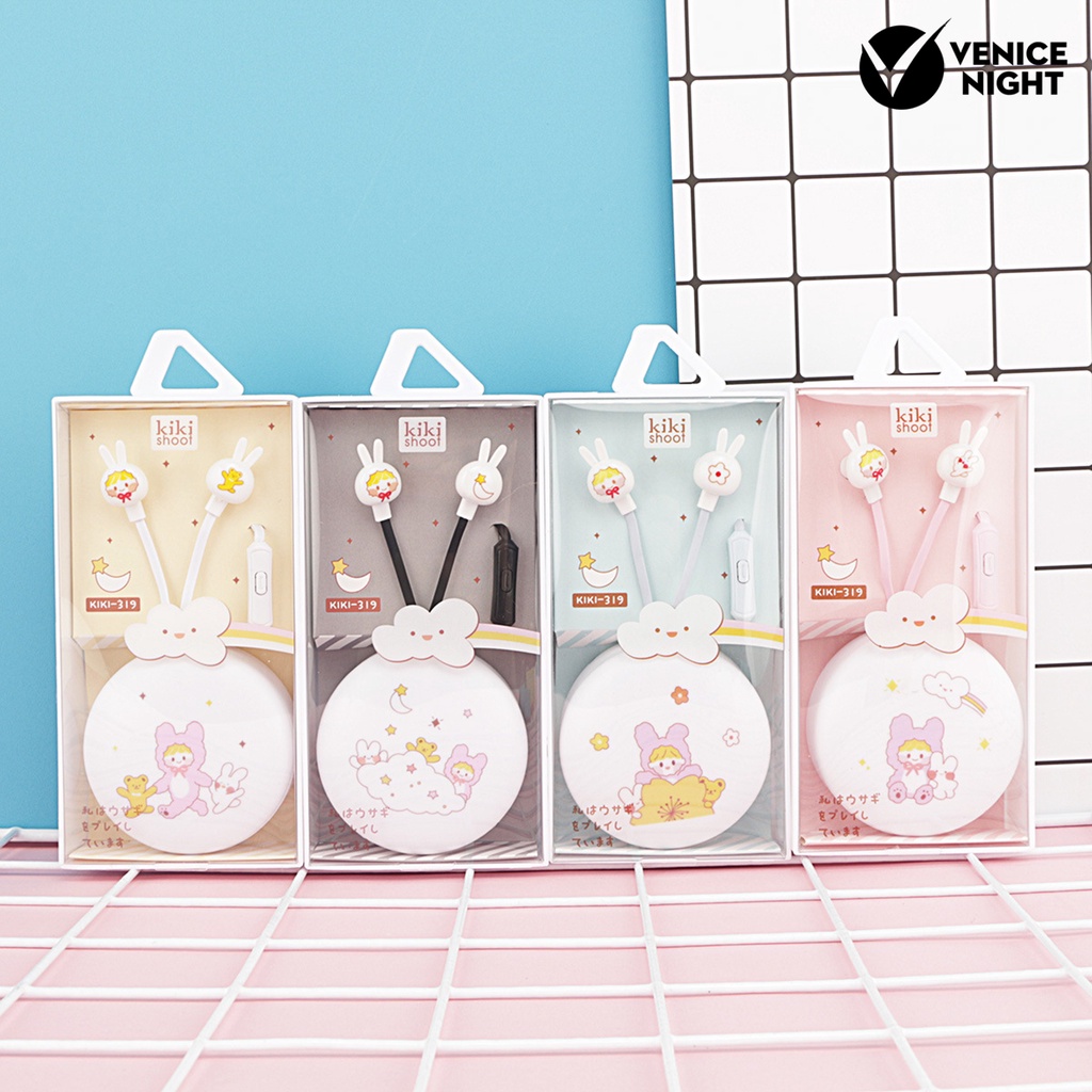 (VNEP) (Berkabel) Earbud Sensitif HD-kompatibel Memanggil dengan Mikrofon Cartoon Rabbit Box Earphone Stereo 3.5mm untuk Mendengarkan Musik